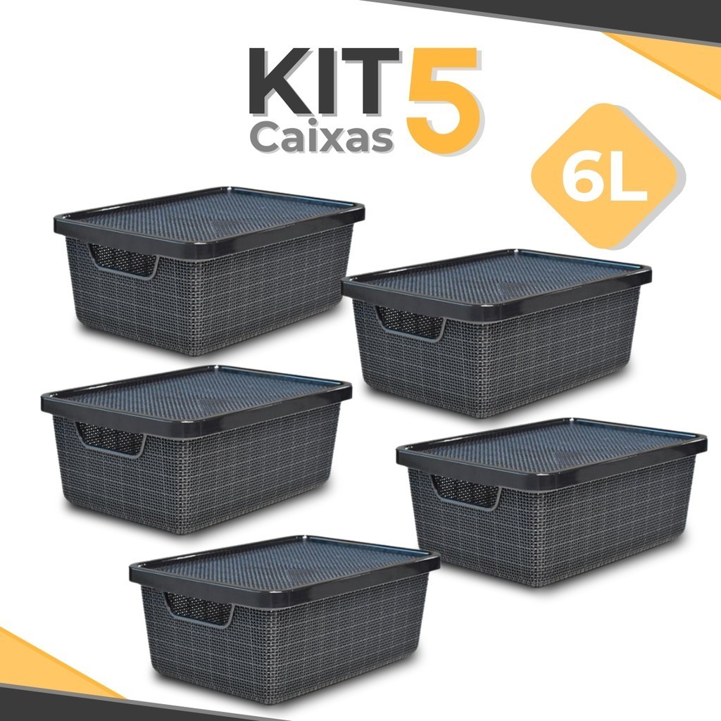 Kit 5 Caixa Organizadora 6 Litros Jutta Preta C/ Tampa Cesto Organizador Telado - Arqplast