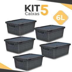 Kit 5 Caixa Organizadora 6 Litros Jutta Preta C/ Tampa Cesto Organizador Telado - Arqplast
