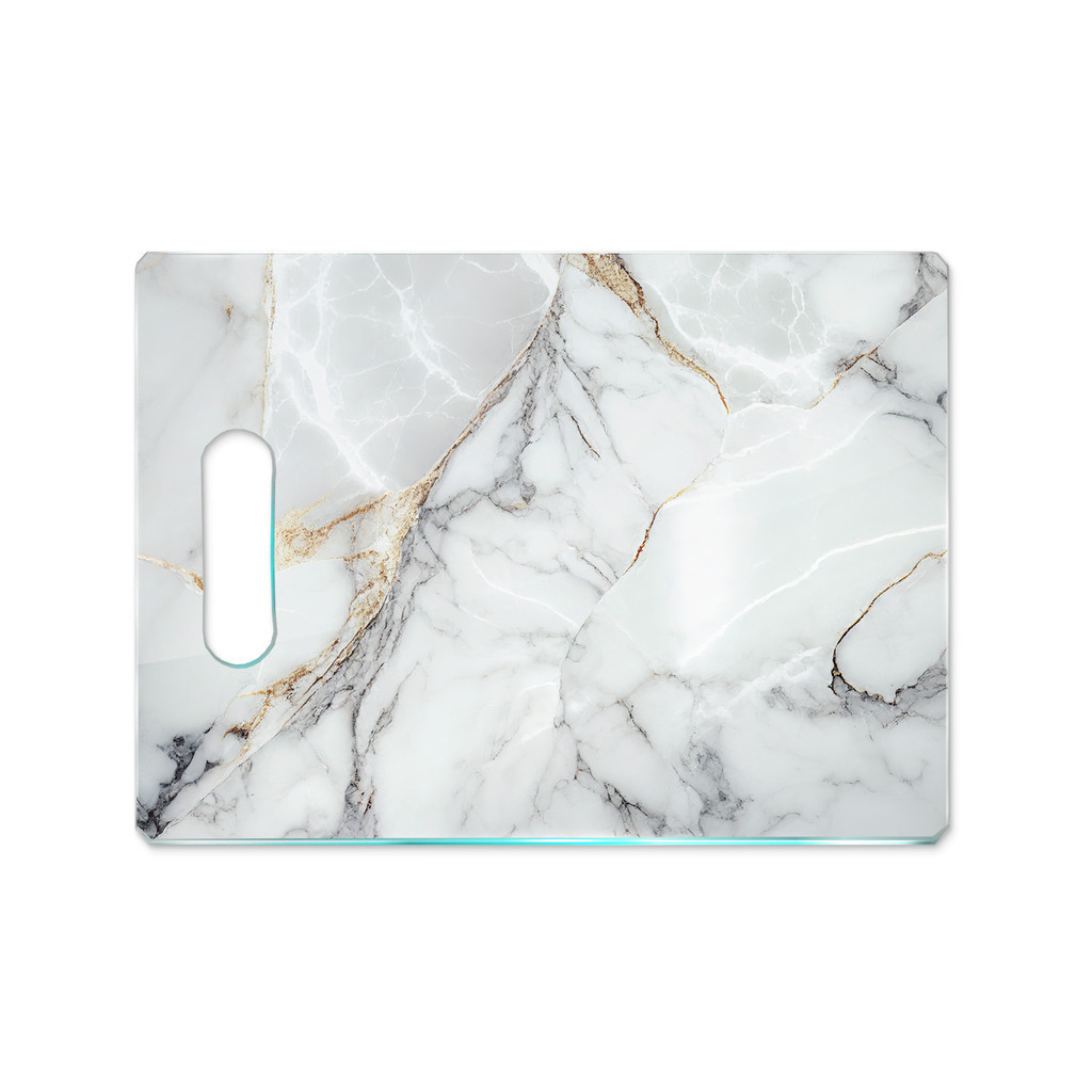 Tábua de Carne de Vidro 35x25 - Efeito Mármore - Branco e Dourado