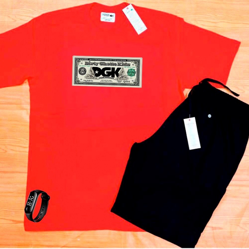 KIT camiseta algodão 100% mais bermuda + relogio digital estampa DGNK top caminhada