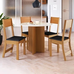 Conjunto Sala de Jantar Mesa Fidelitá Espanha 90cm Com 4 Cadeiras Freijó/Off-White Assento Preto