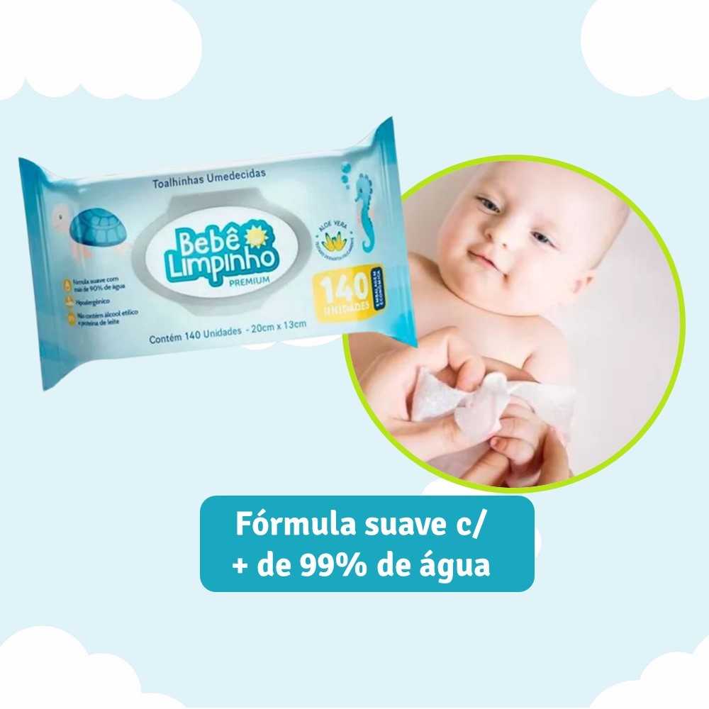 Kit c/ 2 Pacotes Lenço Toalhas Umedecidas Aloe Vera Bebê Limpinho Premium Pacote 140 Unidades