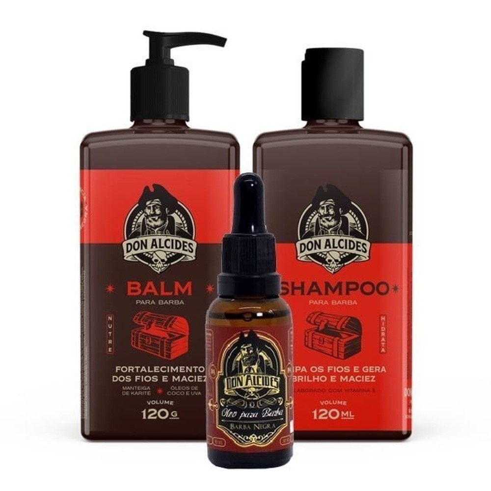 Kit Shampoo Balm e Óleo Para Barba Don Alcides Barba Negra