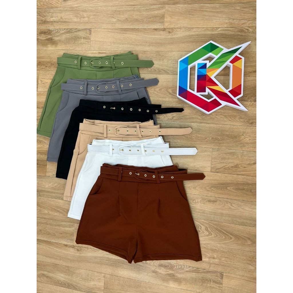 Shorts Feminino Alfaiataria Com Cinto Social Elegante Ziper Na Lateral E Bolsos