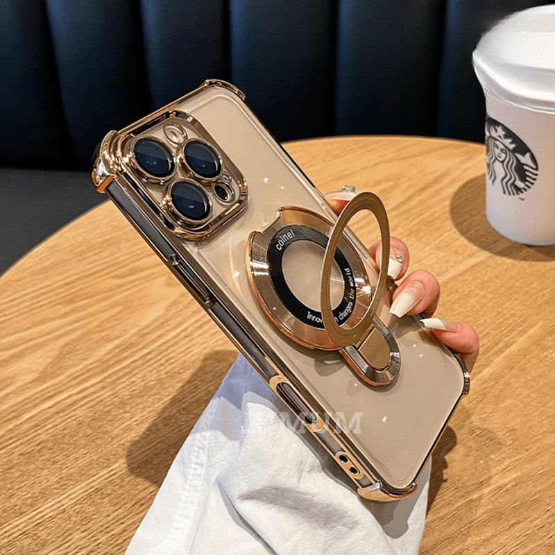 Capa Magnética Transparente Com Suporte Dobrável Para iPhone 16 15 14 13 12 11 Pro Max Design Anti-Queda Luxo Magsafe em Oferta na Shopee