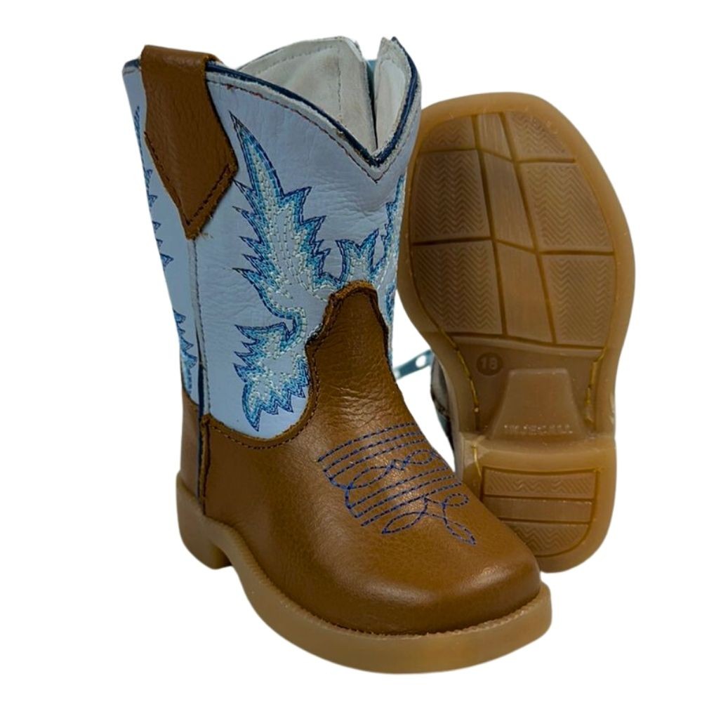Bota Texana Infantil Capelli Boots Country Baby Couro Caramelo Cano Azul Bebe Com Bordado e Zíper