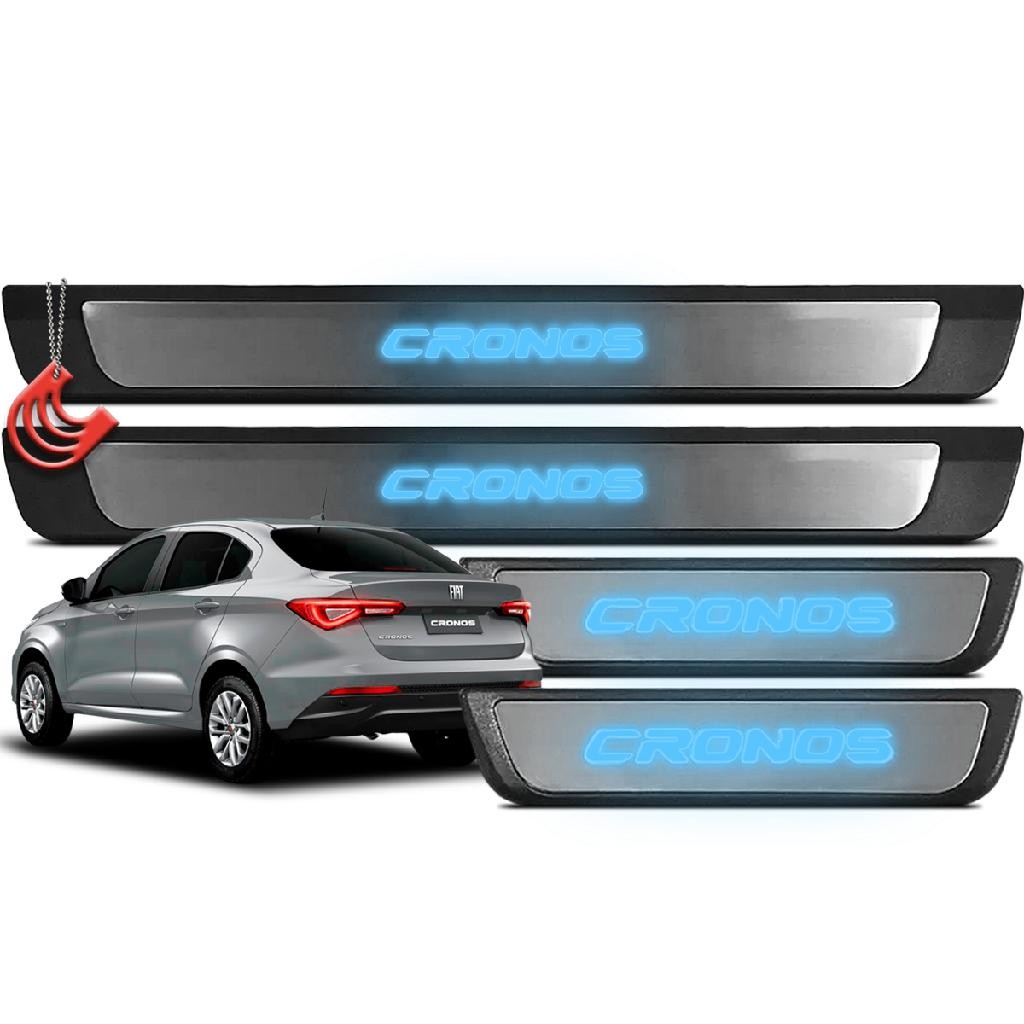 Jogo Kit Soleiras 4 Portas Fiat Cronos - Protetora Iluminada Luz Led com Aço Escovado Adesiva