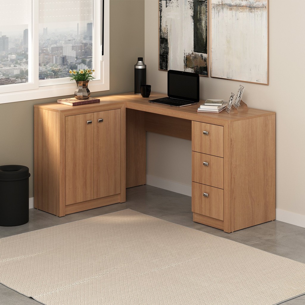 Escrivaninha Mesa Escritório em L com 3 Gavetas e 136cm Armários Me4100 Amendoa em Oferta na Shopee