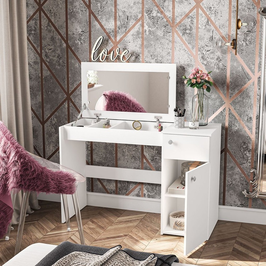 Penteadeira Iracema com Tampo Porta Objetos com Espelho 1 Gaveta 1 Porta em Oferta na Shopee