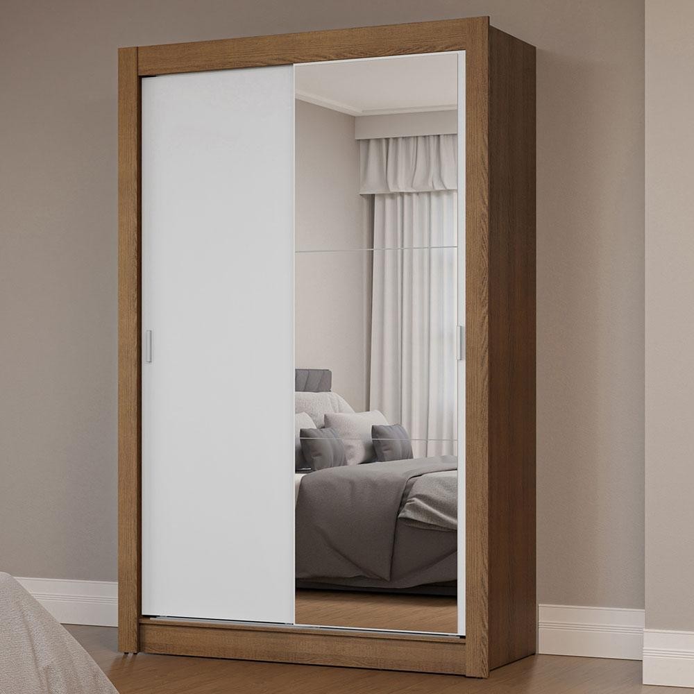 Guarda-Roupa Solteiro 2 Portas de Correr com Espelho Rustic/Branco Milano Madesa em Oferta na Shopee