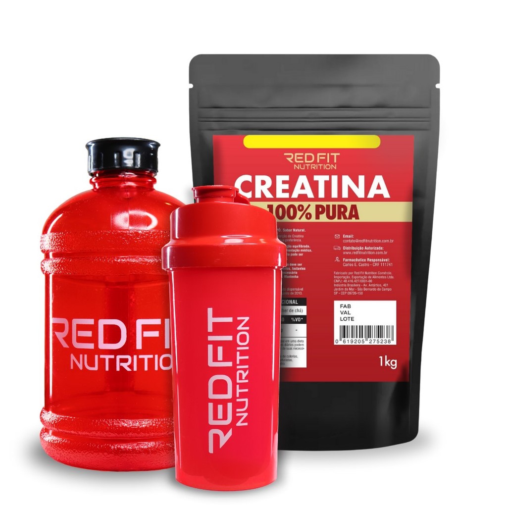 Creatina Monohidratada 1Kg Shaker Red 600ml Gallon Red 1,8L - 100% Puras Matérias-Primas Importada - Red Fit Nutrition