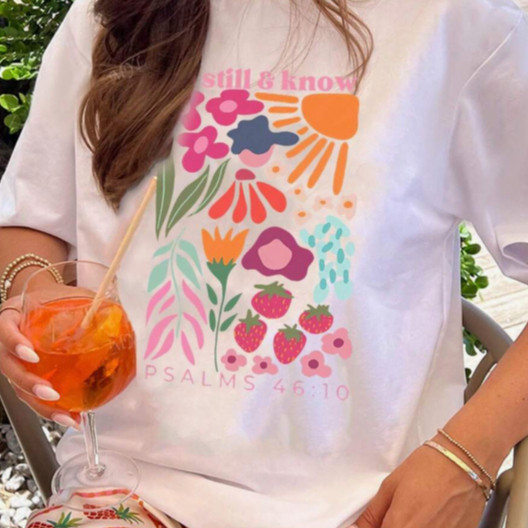 Blusa Feminina Algodão Casual Oversized Estampa Flores Confortável Tendência Minimalista