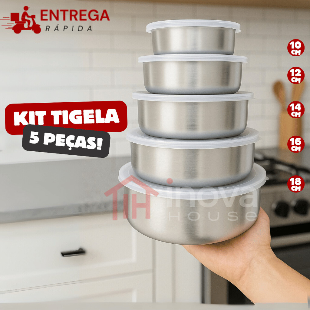 Jogo 5 Pote Tigela de Inox c/ Tampa Hermética Kit Organizadores Redondos para Cozinha 285ml a 1430ml