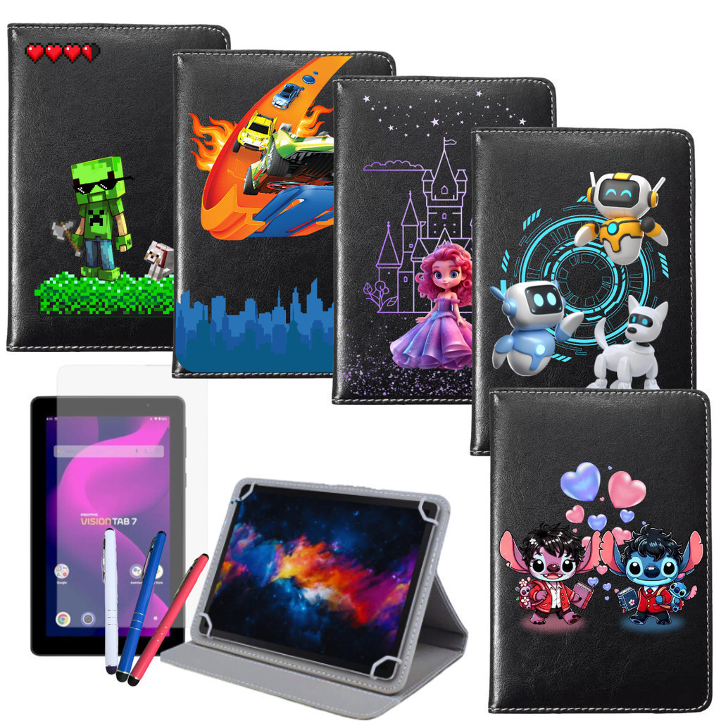 Kit Capa Giratória com Suporte Para Tablet Positivo Vision Tab 7 Estampada + Película + Caneta Touch
