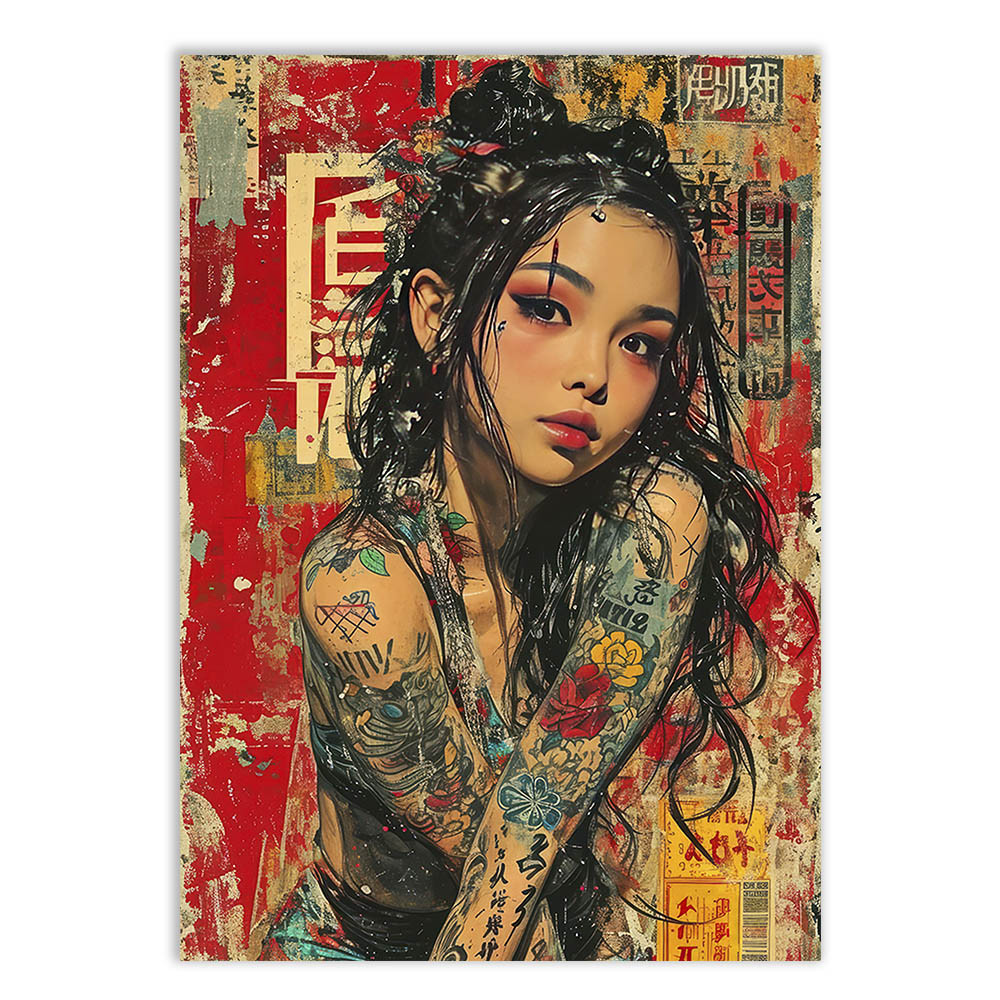 Placa Decorativa Garota Sexy Anime Tattoo Pose Ilustração Grunge Decoração Poster Quarto Sala