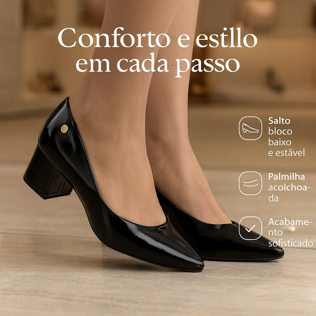 Sapato Scarpin Feminino Vizzano Salto Baixo Quadrado Bloco Grosso Bico Fino, Scarpin Feminino Vizzano Salto Quadrado