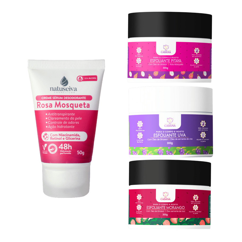 Kit - Desodorante Rosa Mosqueta Natuseiva 50g + Esfoliante Fio Cabana 300g | Cuidado com a Pele