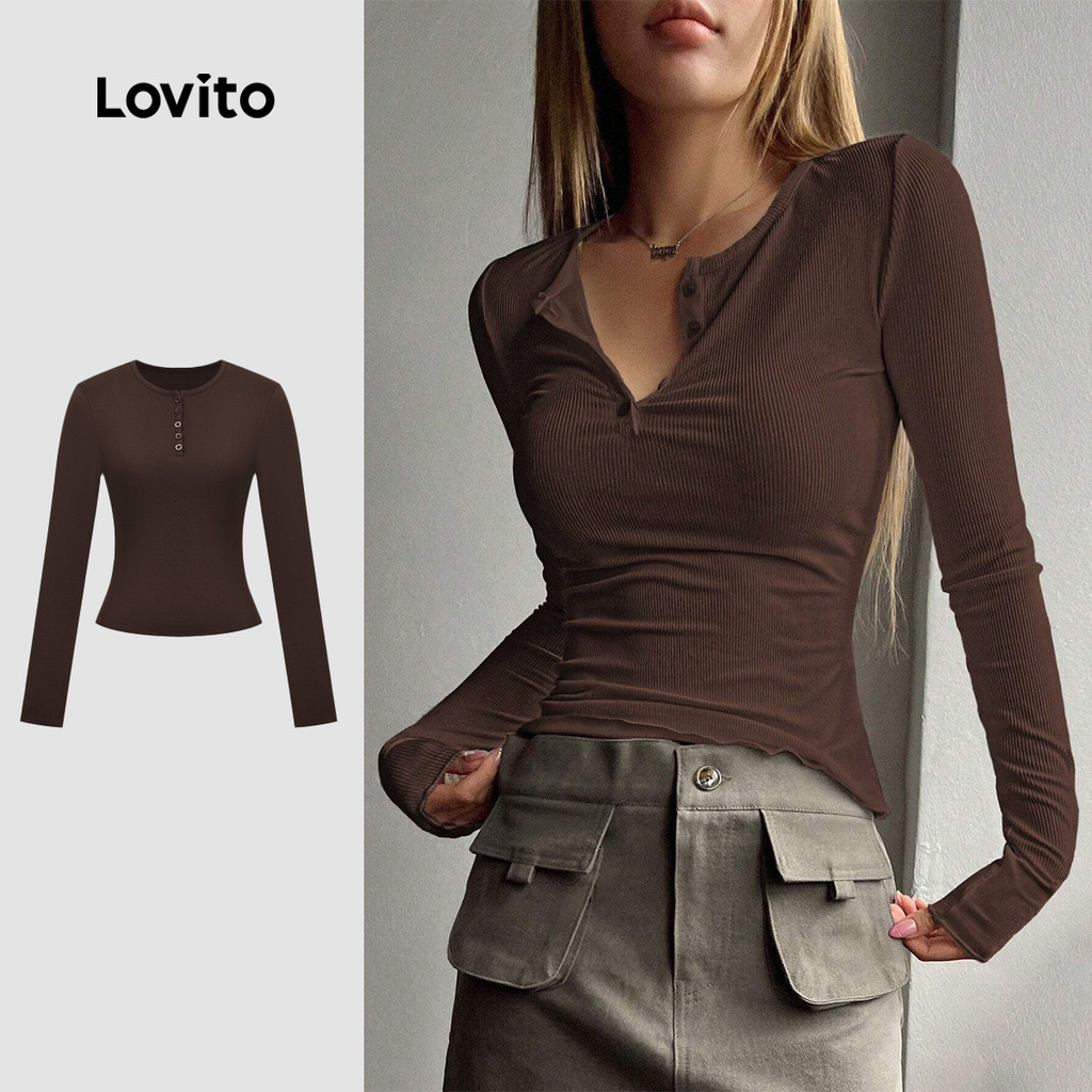(Hot) Lovito Camiseta Casual Com Botões Lisos Para Mulheres L106AD183 em Oferta na Shopee