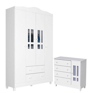 Cômoda E Guarda Roupa Infantil Ariel 4 Portas Branco Brilho - Carolina em Oferta na Shopee