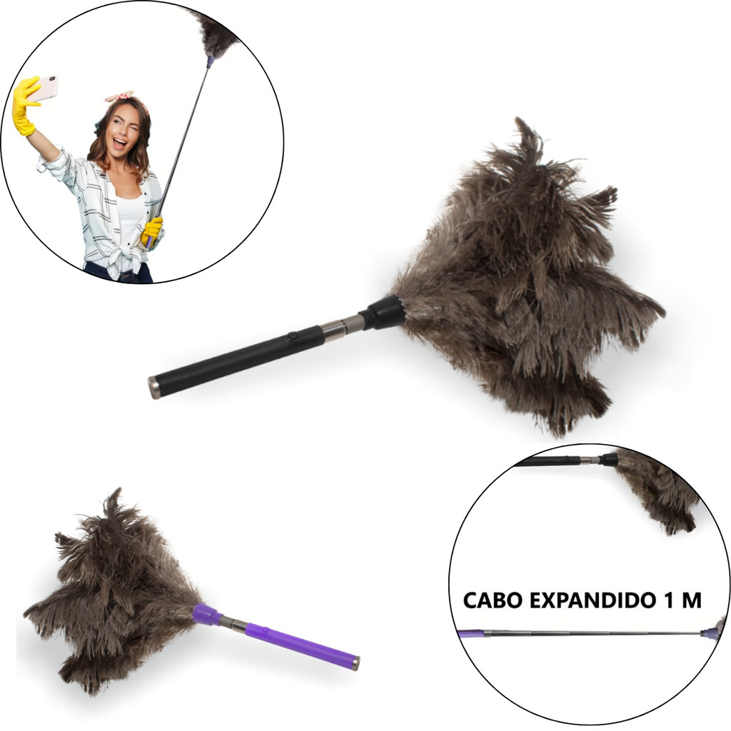 Espanador De Pó C/ Cabo Extensivo Penas Naturais De Avestruz