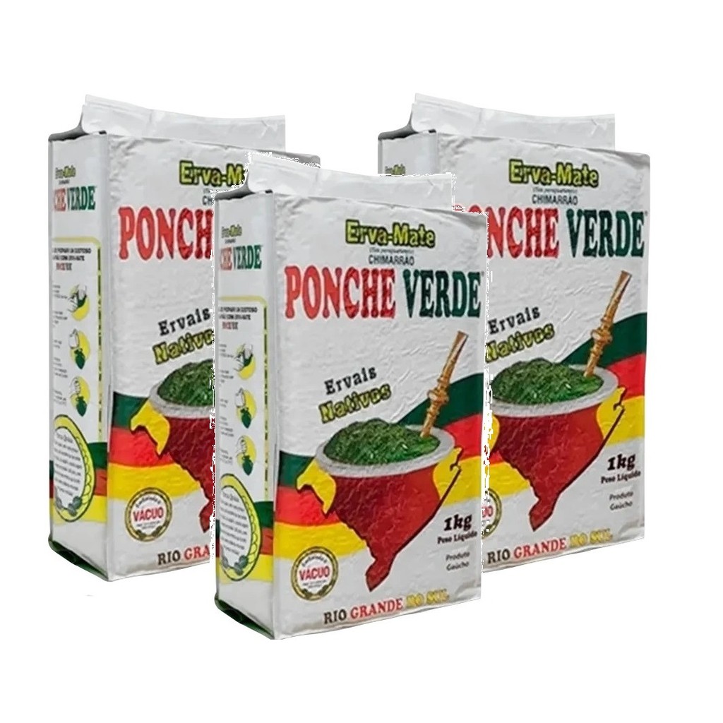 3 Erva Mate Chimarrão PONCHE VERDE NATIVA VÁCUO 1 Kg