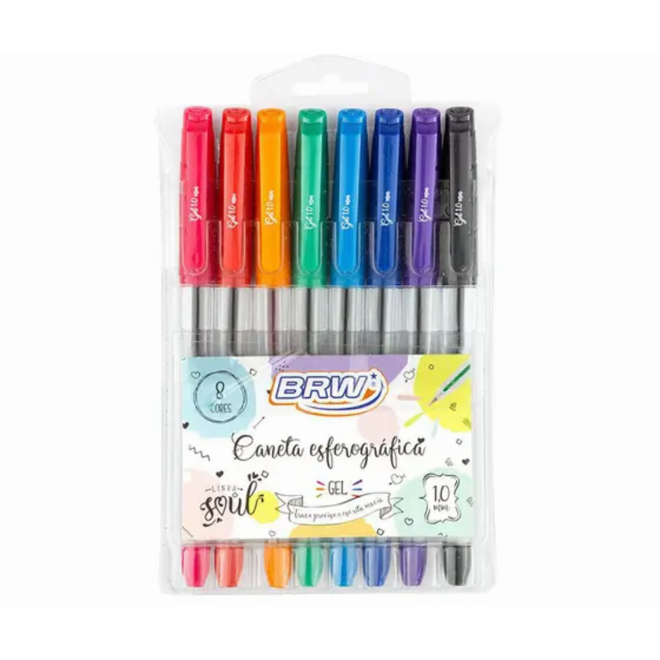 Kit com 8 Canetas Esferográficas em Gel com  1,0mm-BRW