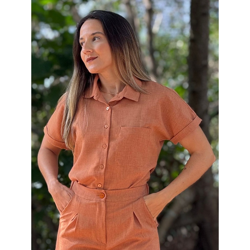 Blusa Feminina Linen Manga Dobrada Social Estilo Office Manga Curta Botões Frontais