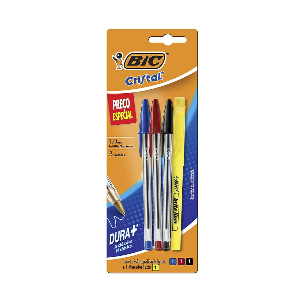 Kit Caneta Esferográfica Bic Cristal Dura Mais 3 Unidades 1,0mm+ Marcador de Texto Brite Amarelo - Stationery