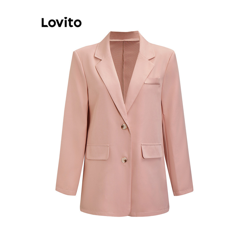 (Trendy) Lovito Blazer Casual Liso Com Ombreiras Grandes Para Mulheres L71ED079 (Preto/Verde/Branco Off/Rosa) - Women Clothes