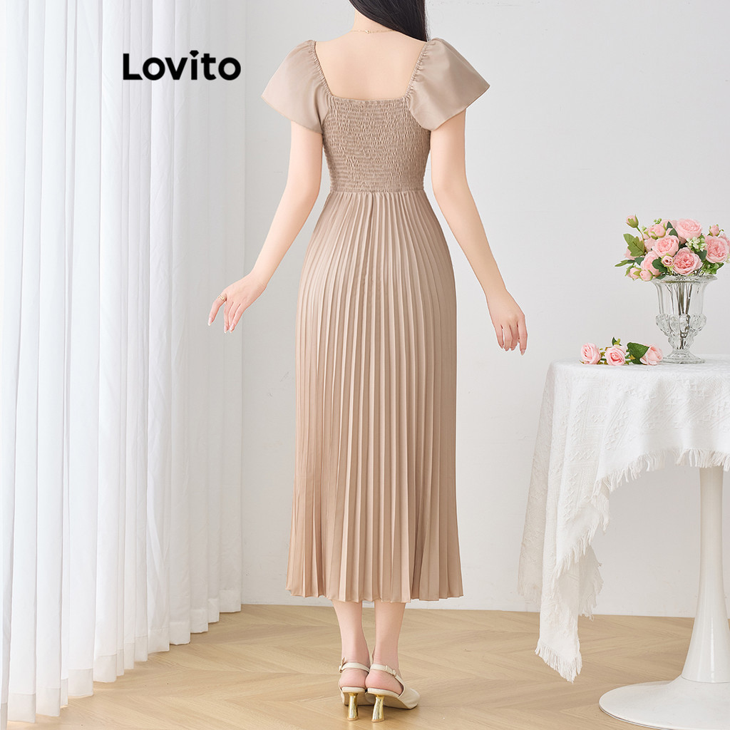 (Trendy) Lovito Vestido Casual Liso Plissado Vestido De Verão Para Mulheres L120LD1380 - Women Clothes
