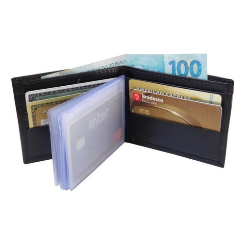 Carteira Masculina Couro Sintético Slim Preto Fina Pequena Porta Cartão