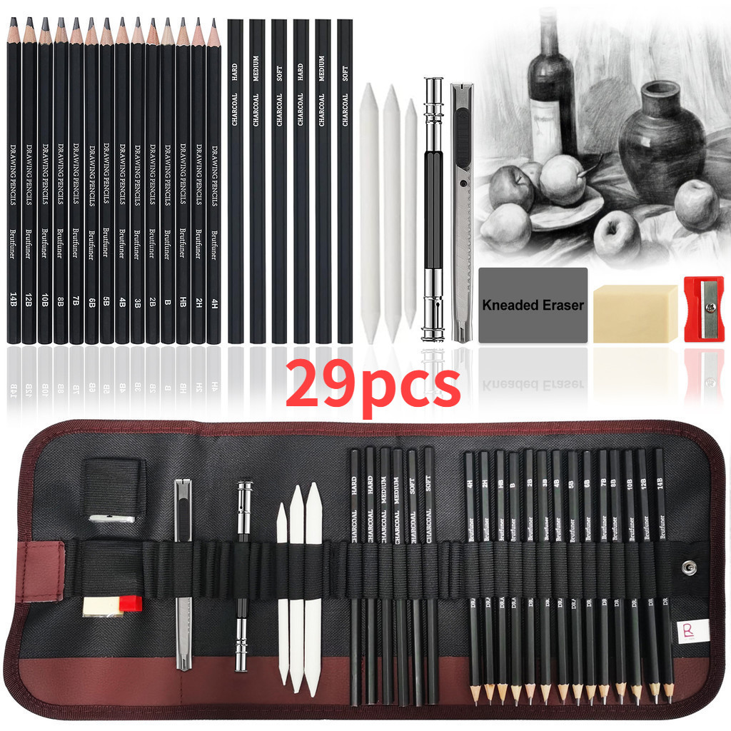 Conjunto de Lápis de Desenho 29 Unidades com Caneta Esboço de Carvão Incluído para Artistas Iniciantes em Oferta na Shopee