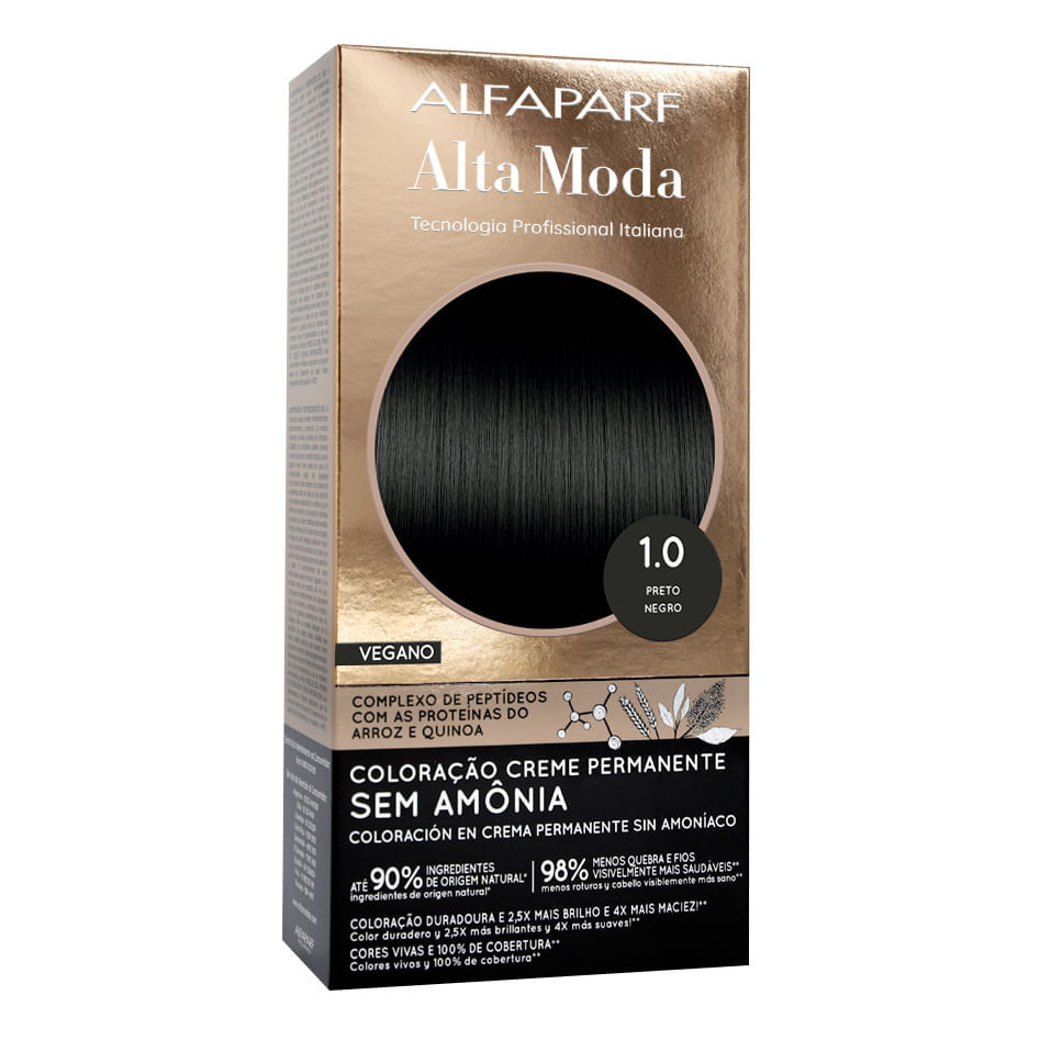 Coloração Creme Permanente Alfaparf Alta Moda Vegano Sem Amônia 1.0 Preto - Beauty