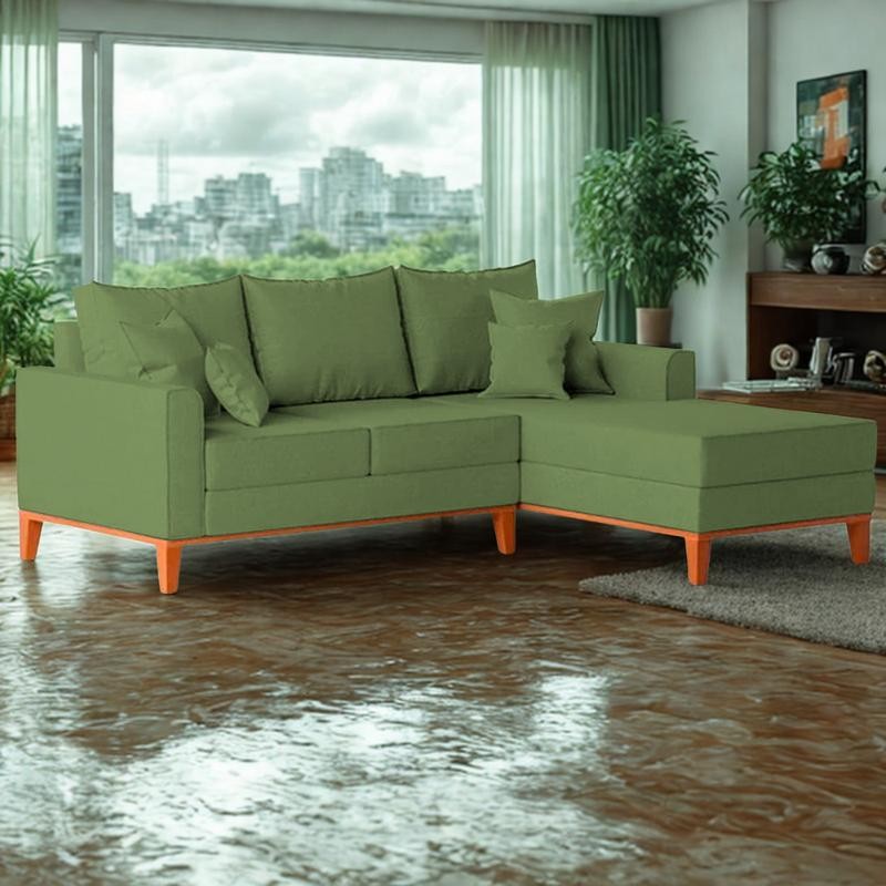 Sofá 3 Lugares Beny com Chaise Direito Linho Verde Oliva em Oferta na Shopee