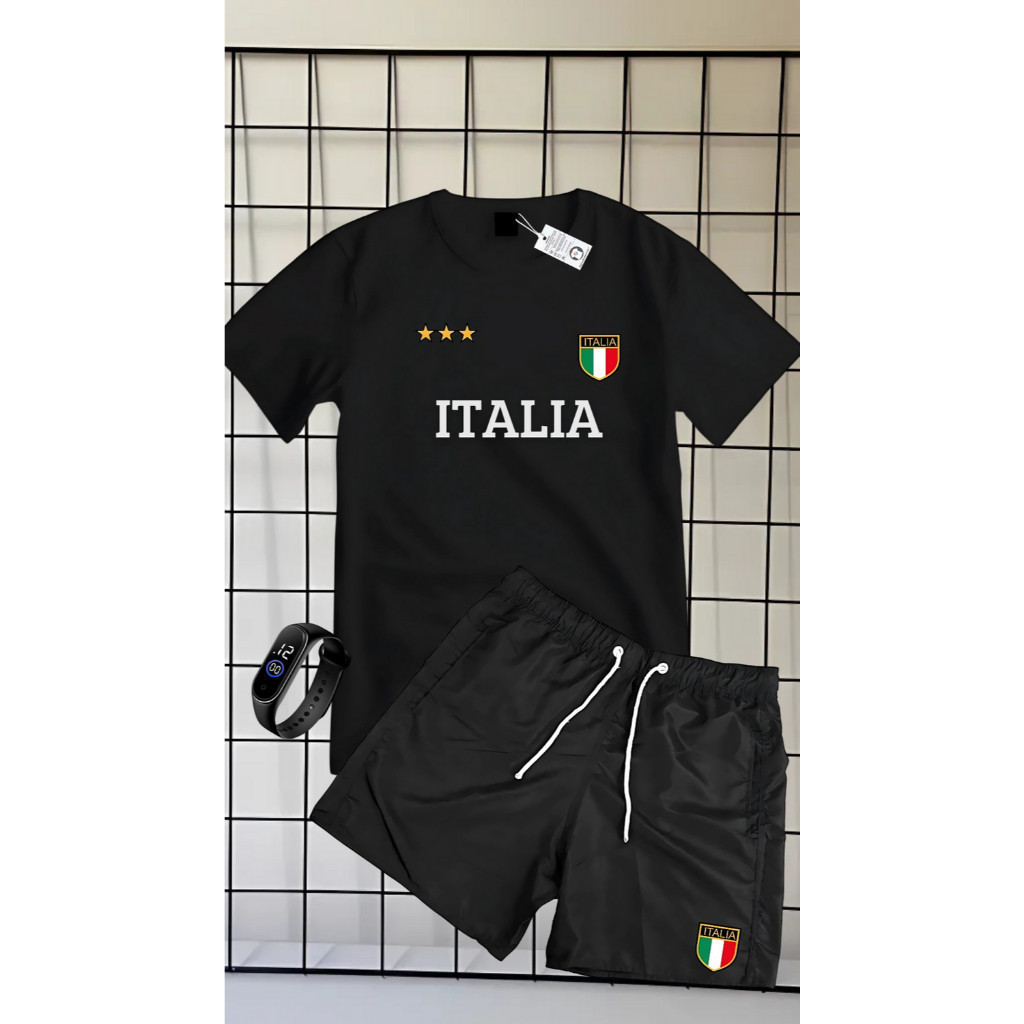 Conjunto Kit camiseta verão 100% algodão 30,1 bermuda tectel ESTAMPA ITALIA + RELOGIO DIGITAL