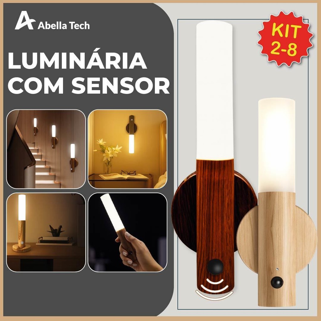 Kit 2-8 Luminária Portátil com Sensor de Movimento Led Moderno Textura Madeira Bastão com Ímã Bivolt