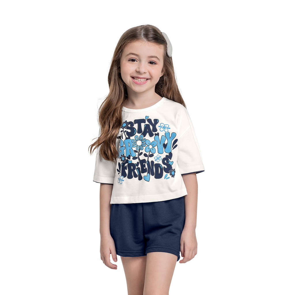 Conjunto Menina Blusa Branca Malha Groovy e Bermuda Azul Marinho Bee Loop