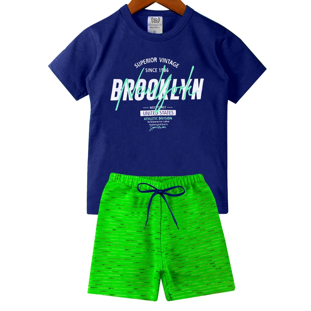 Conjunto Infantil Juvenil Brooklyn Marinho Masculino Menino - Duas Peças: Bermuda + Camiseta - Tamanho 03 a 14