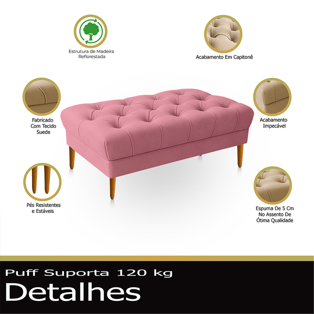 Puff Retrô Luiz XV Capitonê Retangular 100 cm Estofado Decorativo para Sala de Estar Suede Rose