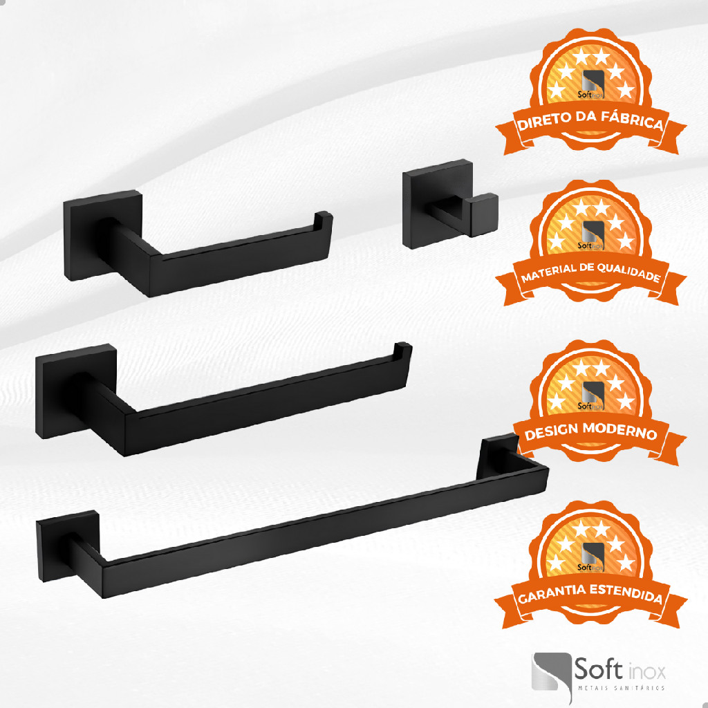Kit Acessórios Para Banheiro Aço Inox 4 Peças - Preto