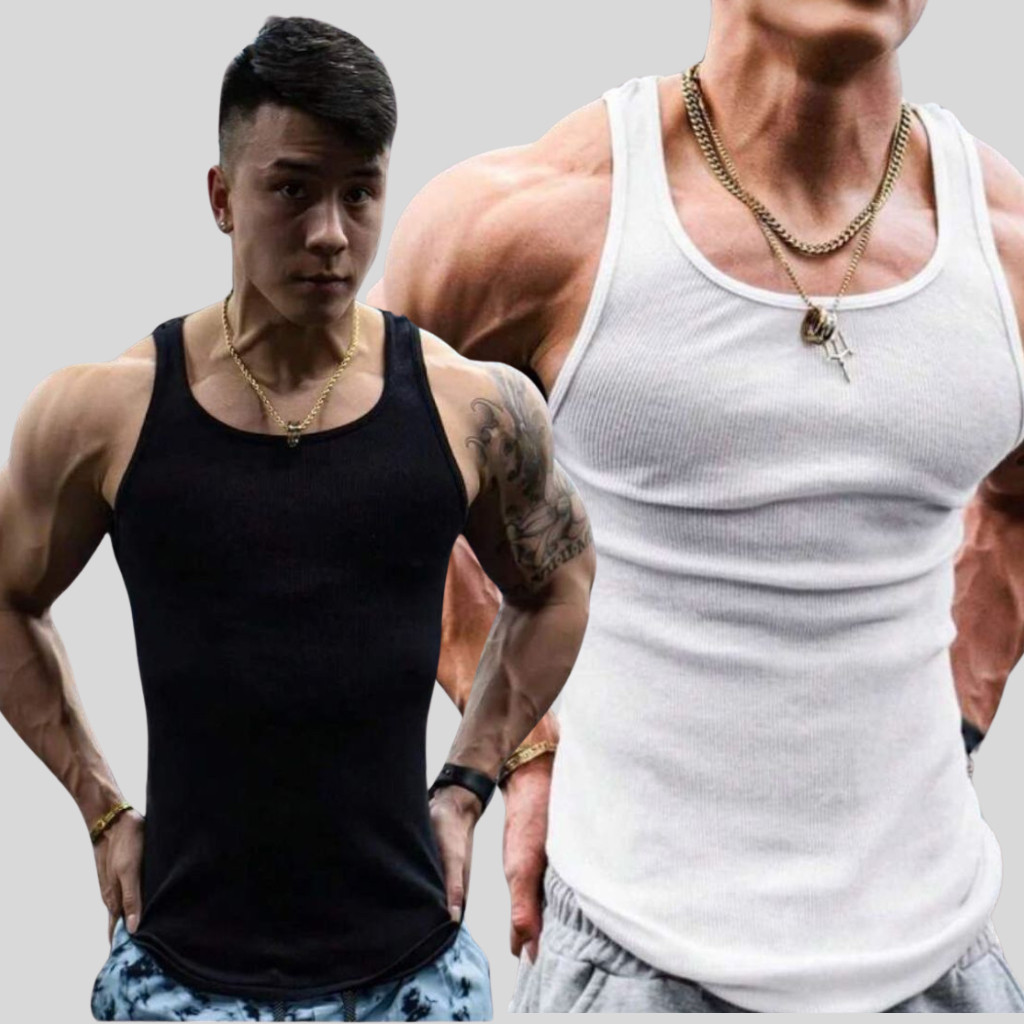 Kit com 2 regatas caneladas Algodão masculinas americanas academia Promoção