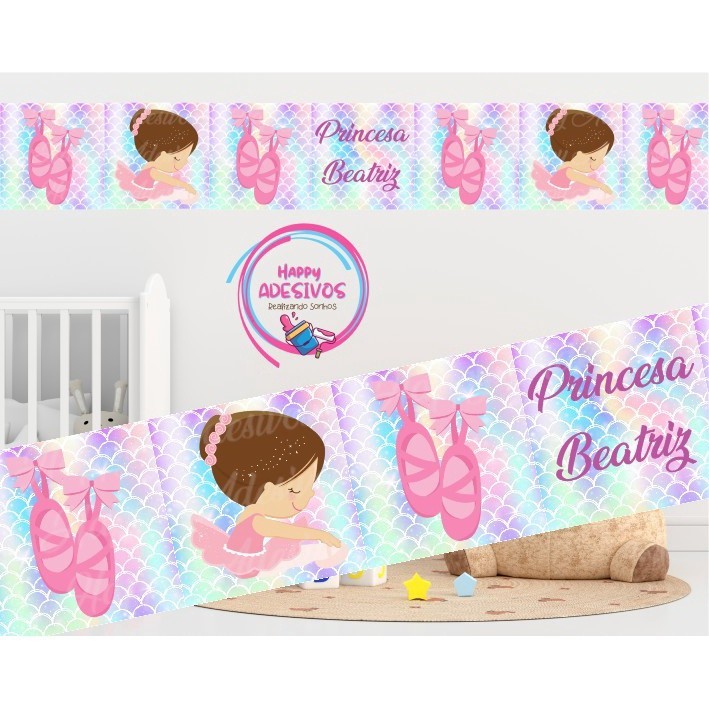 Faixa Adesiva Decorativa Parede Quarto Menina Infantil Bailarina Sapatilha Escama de Peixe Rosa DCM