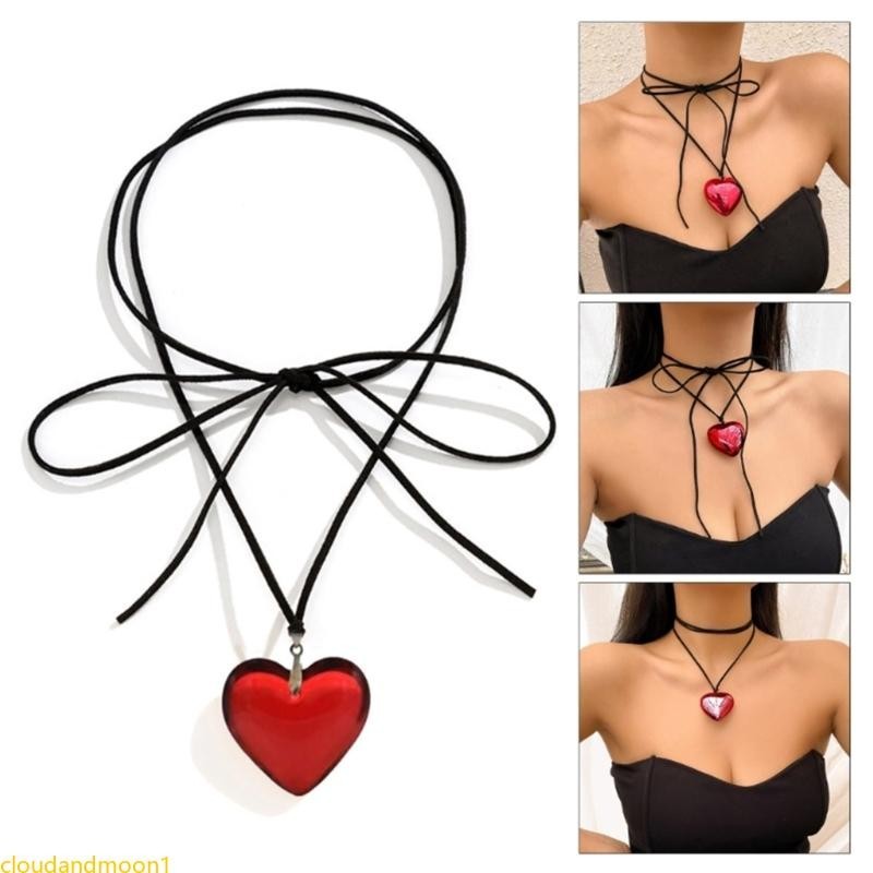 cloudandmoon Goth Black Big Heart Pendant Colar Gargantilha Coração Para Elegante Nó Com Ajustável Chai