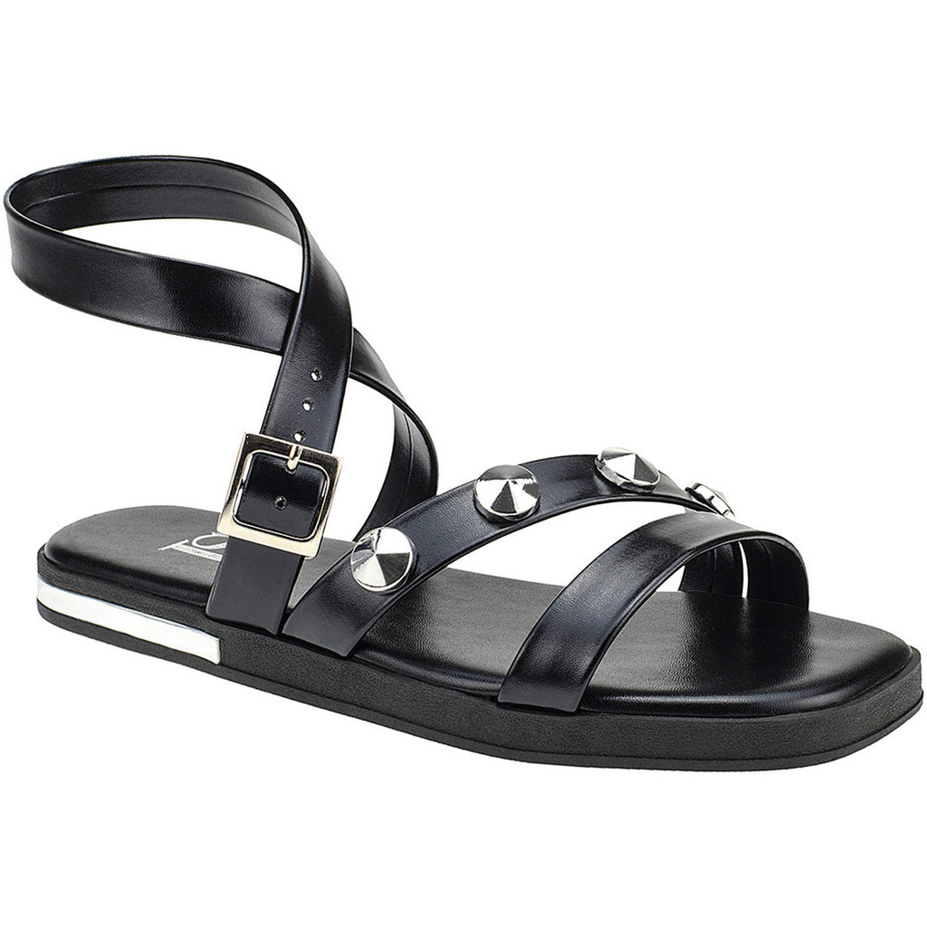Sandália Papete Feminina Aranha Tiras com Enfeite Rebite Rasteira Confort 3985 - Women Shoes