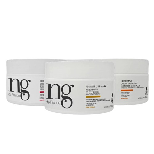NG de France Kit Cronograma Capilar vegano: Cabelos Lisos Máscaras Intense Repair Pós Fast Liss
