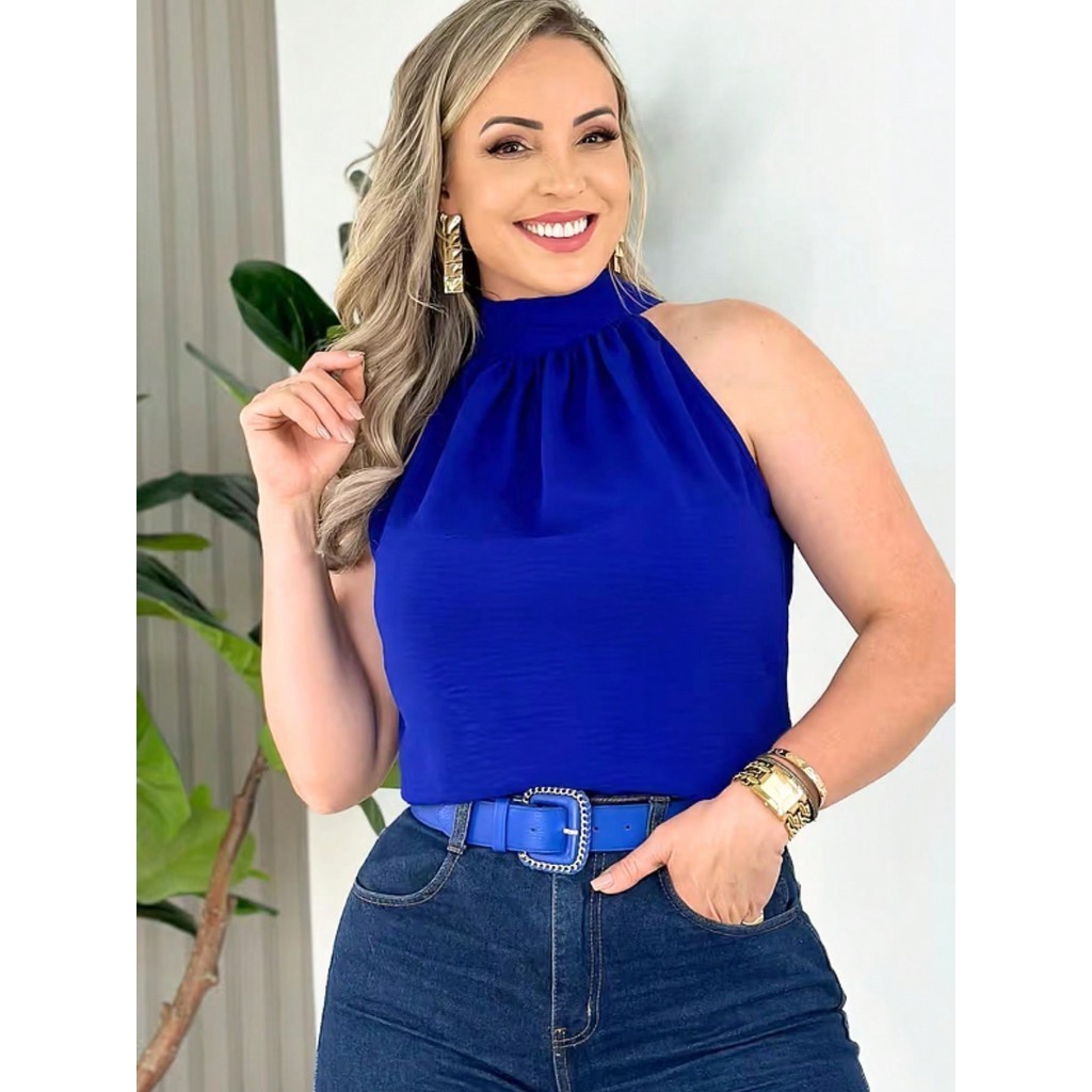 Blusa Regata Feminina Gola Alta Franzido Tecido Duna pra verao moda 2024 em Oferta na Shopee