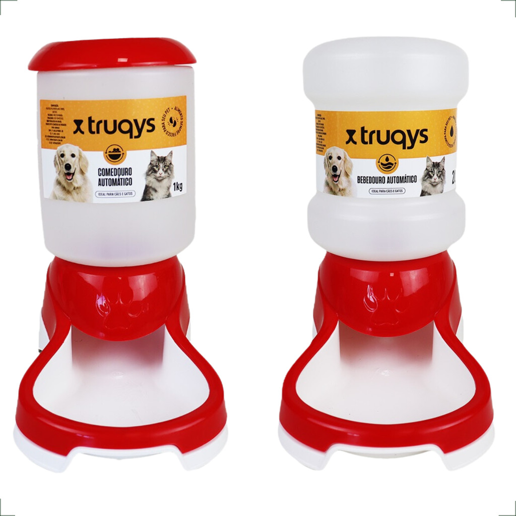 Kit Comedouro + Bebedouro Automático Truqys Pets Vermelho Galão - 2 Litros