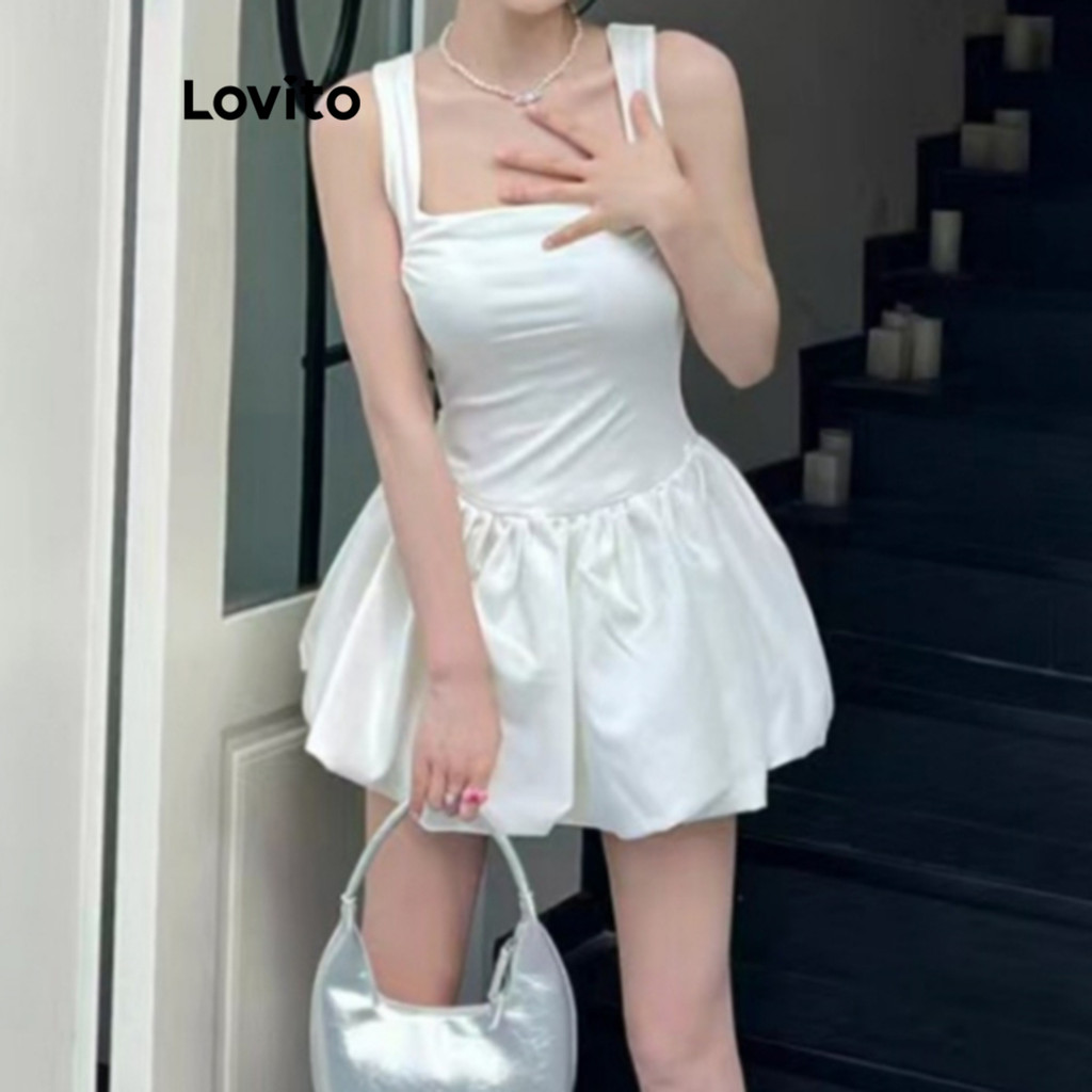 Lovito Vestido casual liso com zíper franzido para mulheres LNE67136 - Women Clothes