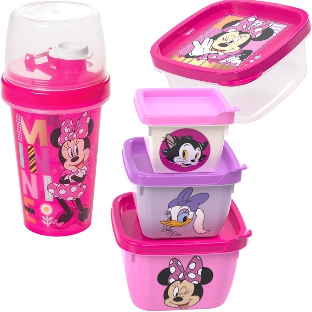 Kit Minnie Porta Lanche Escola Passeio Garrafa Potes 5 Itens
