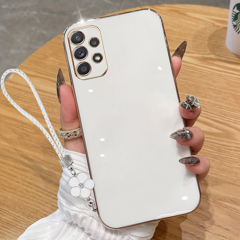 Caixa Para Samsung Galaxy A23 A32 A52 A72 4G 5G A33 A53 A73 M32 A52S 5G Luxo Galvanizado Borda Reta Silicone Soft Phone Protetora Com Corda Pendurar Flores